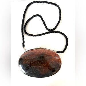 Vintage 1950s Style Oval Tortoiseshell Lucite Clutch Purse Black Rope Strap